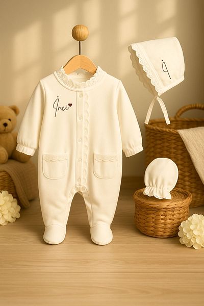 Minytrendy Baby Girl Name Embroidered Newborn Jumpsuit Vintage Scalloped Hospital Release Mevlüt Gift Baby Set
