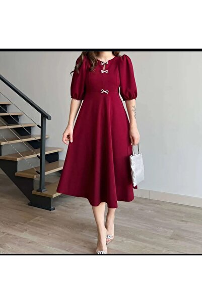 Tuğba Ceylin Butik Women's Bow Stone Detailed Balloon Sleeve Midi Length Dress