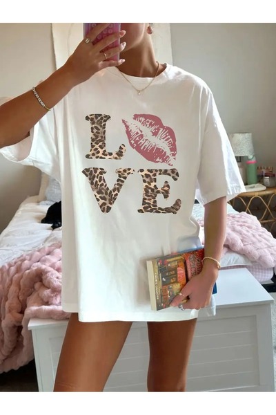 WOODROFFE Бяла черна тениска с леопардов принт с панделка, овърсайз ежедневна