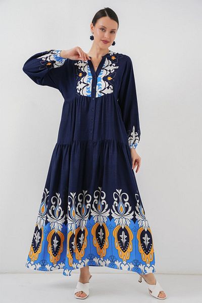 REKA MODA 2423 Authentic Patterned Hijab Dress - Navy Blue 4