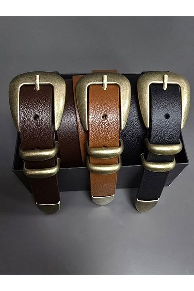 Kemerix 100% Genuine Leather Antique Coated Suit Buckle Black-Tan-Angle Brown 3-Piece Belt Set