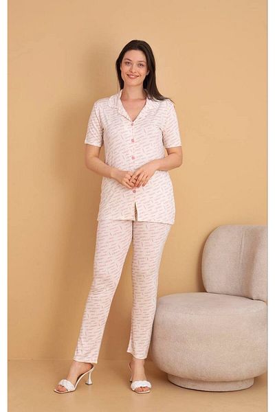 şuranur Bamboo Love Patterned Shirt Collar Buttoned Organic Pajama Set