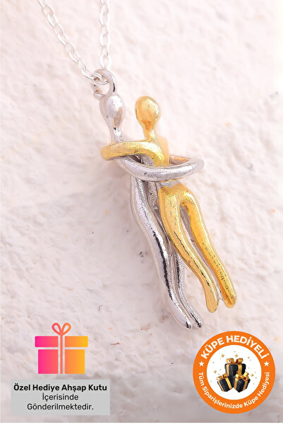 Lucente Jewellery Özel Hediye Kutulu 925 Ayar Altın Gümüş Kaplama Kolye Sarılan Çift Sevgili Kolyesi