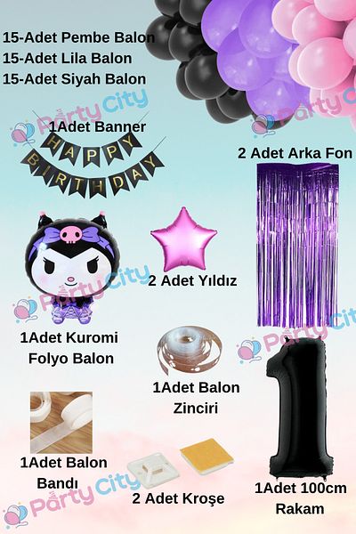 Party City 1 Year Old Kuromi Foil Balloon Themed Full Balloon Set-Birthday Celebration Balloon Set with Starry-Backdrop