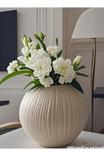 Lui Tasarım Krem rengi İskandinav tarzı Bohem Zarif Krem rengi Sade Bohem Tarz Trend Seramik Vazo 22 CM