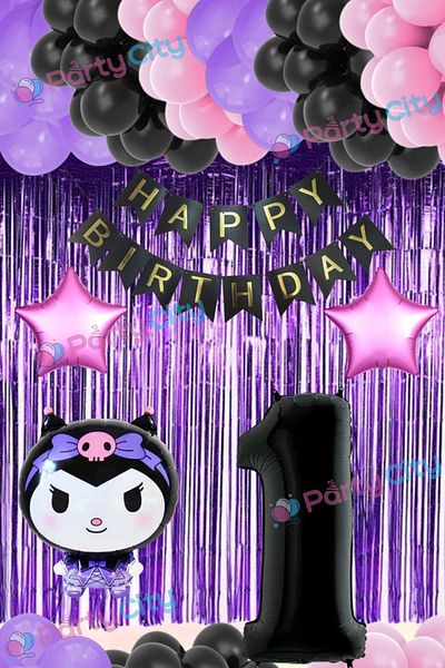 Party City 1 Year Old Kuromi Foil Balloon Themed Full Balloon Set-Birthday Celebration Balloon Set with Starry-Backdrop