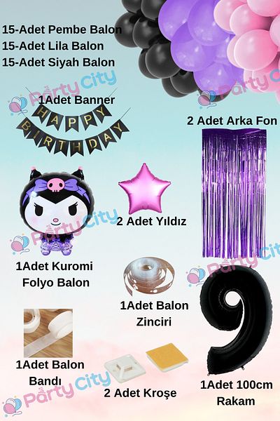 Party City 9 Years Old Kuromi Foil Balloon Themed Full Balloon Set - Starry - Backdrop Birthday Celebration Balloon Set