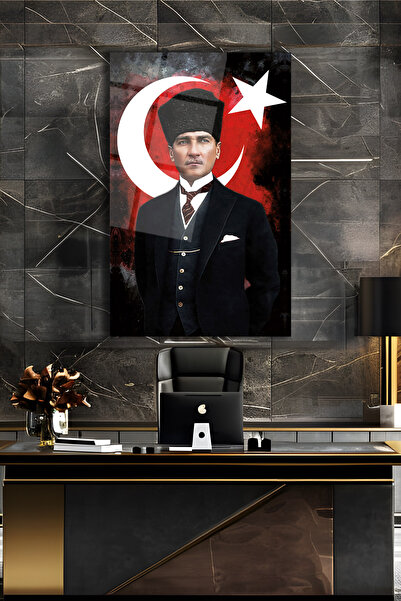 home dekors Atatürk Portresi ve Türk Bayrağı Dikey Cam Tablo, Ev, İş, Kurum, ...