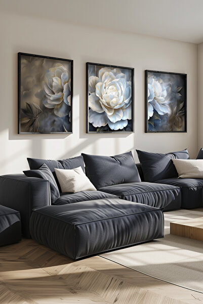 STARYUNA 3-dijelni set slika sa efektom uljane slike, bela ruža, crni drveni ...