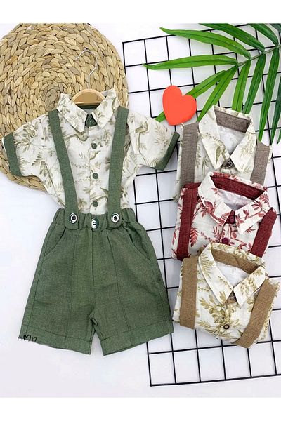 Skygo 9-12-18-24 Months Cotton Fabric Linen Short Sleeve Shirt 2-Piece Baby Boy Salopet Set