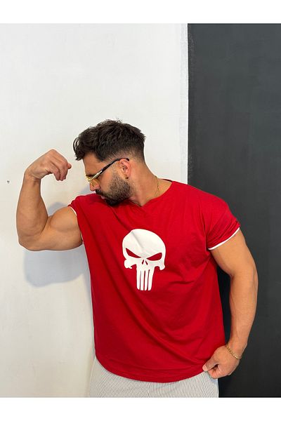 Bas Body FitnessWear Punisher Printed Narrow Sleeve Fit Model Body Loose 100% Cotton V-Neck Sports Casual Fitness T-Shirt