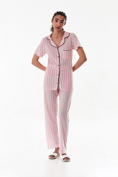 Fulla Moda Striped Shirt Collar Pocket Pajama Set