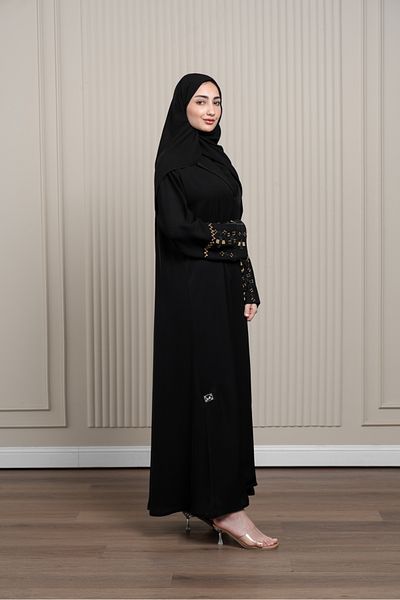 LAVİNİA Lavinia women abaya for special occasions, with 8-inch sleeves and gold-black bead accents.
