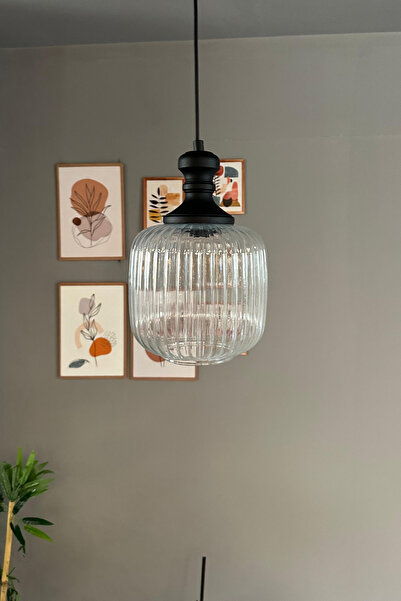 Bamyum Mopa Cam Şeffaf Tekli Avize Siyah Tokmak Başlık Retro Sarkıt Lamba Res...