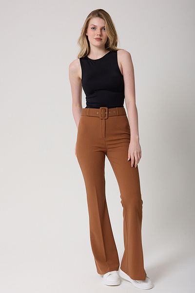 freemen Women's Tan Belted High Waist Flared Trousers