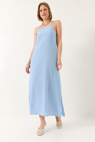 Bianco Lucci Rochie lungă de in pentru femei, cu bretele, cu detaliu cu fante 439 60283174