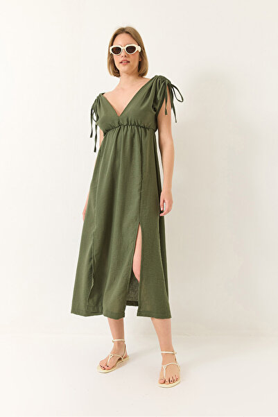 Bianco Lucci Γυναικείο φόρεμα με λαιμόκοψη V με ελαστική μέση με σκίσιμο κορδόνι με λεπτομέρεια λινό φόρεμα 437 60283175