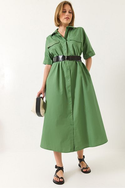 Bianco Lucci Women's Button Closure Pocket Detailed Belted Poplin Shirt Dress 60283191