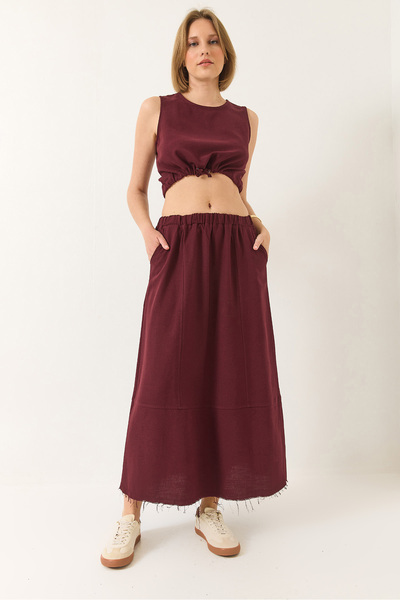 Bianco Lucci Women's Linen Tie Waist Blouse Pocket Detailed Skirt Bottom-Top Set 9292 60281023