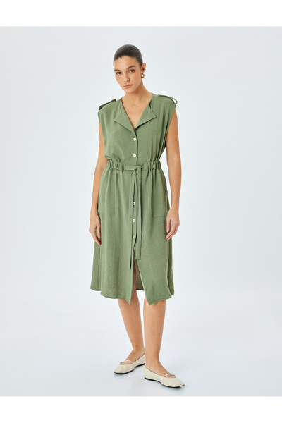 Koton Beli Lastikli Kemer Detaylı Cepli Kolsuz Midi Boy Elbise