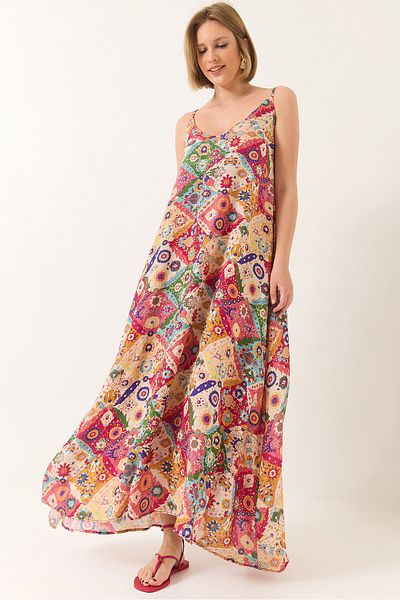 Bianco Lucci Women's V-Neck Thin Strap Print Lined Summer Long Dress 5991 60281030