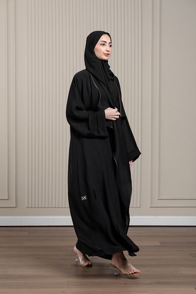 LAVİNİA Lavinia women abaya, handmade with black beads, satin trim, and 2-inch folded sleeves, wrap-style.
