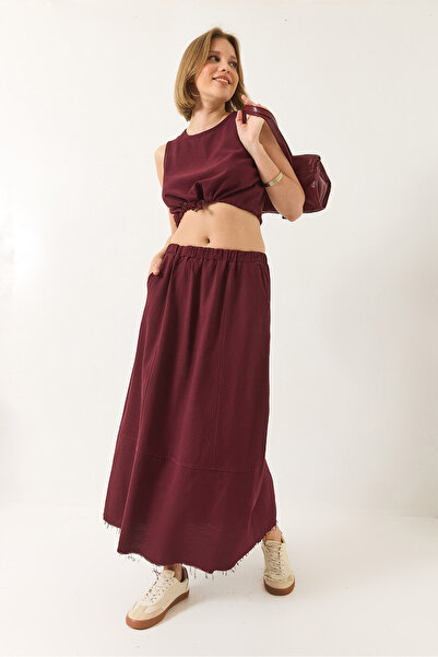 Bianco Lucci Women's Linen Tie Waist Blouse Pocket Detailed Skirt Bottom-Top Set 9292 60281023