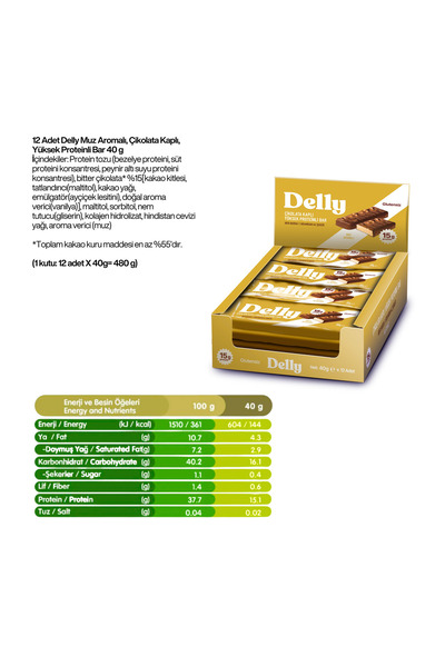 Delly 12 Adet Çikolata Kaplı, Yüksek Proteinli Bar, Muz Aromalı 40g