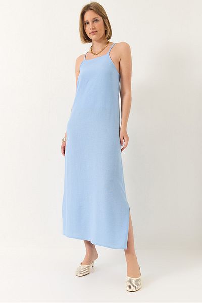 Bianco Lucci Rochie lungă de in pentru femei, cu bretele, cu detaliu cu fante 439 60283174