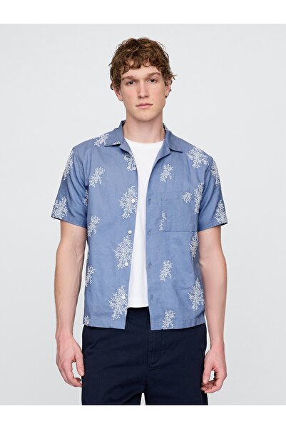 GAP Erkek Mavi Keten Karışımlı Desenli Gömlek