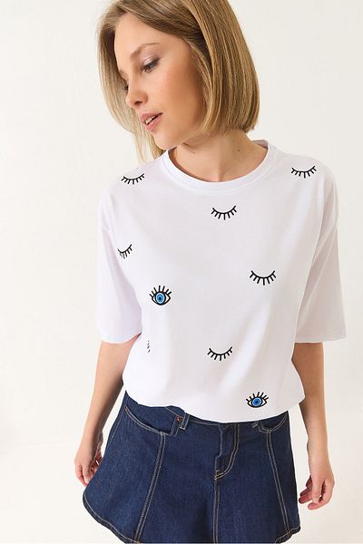 Bianco Lucci Damen-T-Shirt aus Baumwolle mit kurzen Ärmeln und Augenmuster in Übergröße 60283184