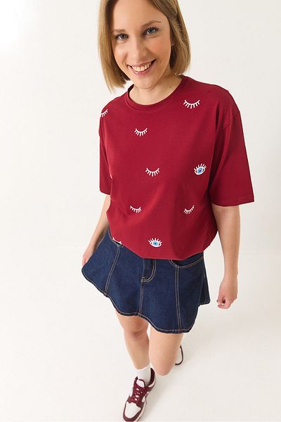Bianco Lucci Tricou oversize din bumbac cu mânecă scurtă cu imprimeu ochi pentru femei 60283184