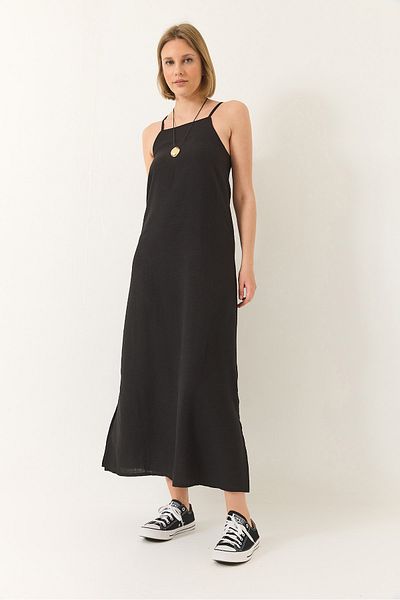 Bianco Lucci Women's Strappy Slit Detailed Long Linen Dress 439 60283174