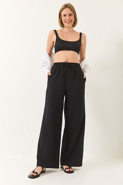Bianco Lucci Women's Elastic Waist Tie Detailed Pocket Linen Wide Jogger Pants 3235 60281035