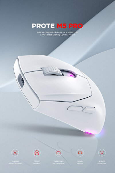 Rampage PROTE M5 PRO Kablosuz Beyaz RGB Ledli Şarjlı 26000 DPI 3395 Sensor Gaming Oyuncu Mouse