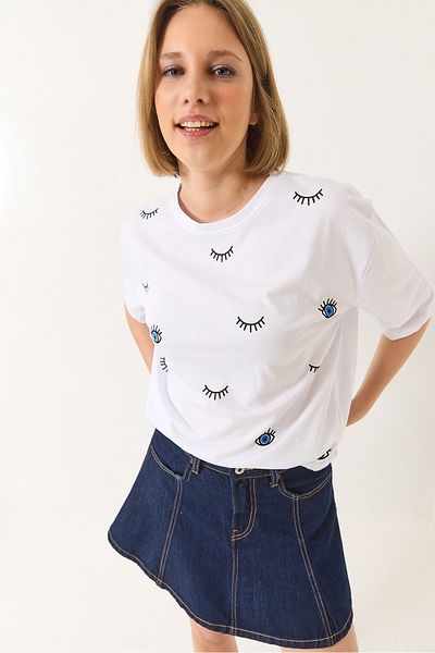 Bianco Lucci Damen-T-Shirt aus Baumwolle mit kurzen Ärmeln und Augenmuster in Übergröße 60283184