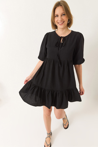 Bianco Lucci Women's Elastic Sleeve Collar Tie Lined Short Dress 5500 60281034