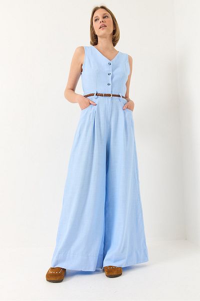 Bianco Lucci Salopetă de in pentru femei, cu decolteu în V, tricotat, cu curea, cu buzunare, pantaloni largi 90022 60283186
