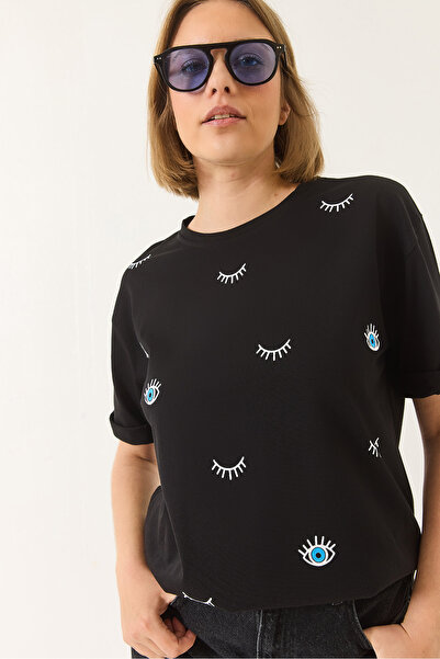Bianco Lucci Dámské oversize bavlněné tričko s krátkým rukávem s potiskem očí 60283184