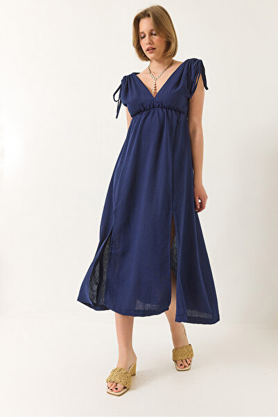 Bianco Lucci Rochie de damă cu decolteu în V, cu talie elastică, cu șireturi, cu detaliu texturat de in 437 60283175