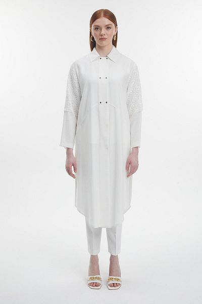 Zühre Shirt Collar Lace Detailed Long Ecru Tunic