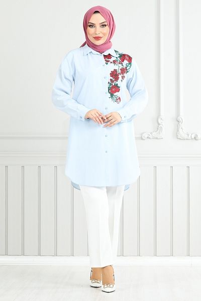 ModaMerve Floral Printed Tunic 405Evo1065-M Baby Blue