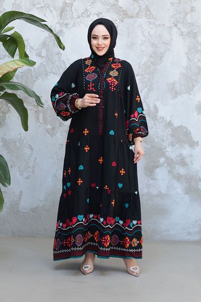 Neva Style Patterned Black Hijab Dress 18244S