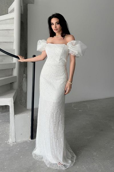 Serica Moda White Balloon Sleeve Detailed Sequin Embroidered Strapless Evening Dress
