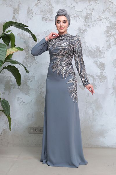 Neva Style Beaded Gray Hijab Evening Dress 51012Gr