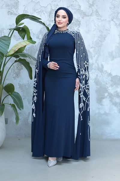 Neva Style Hijab Evening Dress - Navy Blue Hijab Evening Dress with Cape Sleeves 51681L