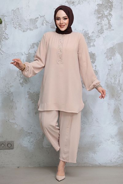 Neva Style طقم حجاب بيج مزدوج (12802BEJ)