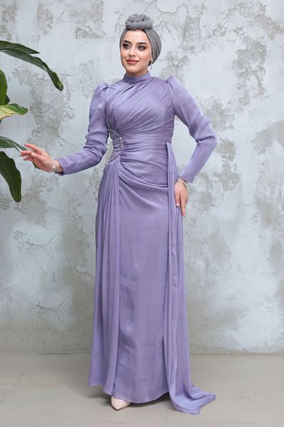 Neva Style Hijab Evening Dress - Drape Detailed Lilac Hijab Evening Dress 51481Lıla