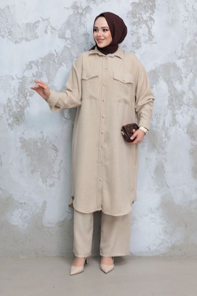 Neva Style Costum cu nasturi Hijab Bej 44661BEJ