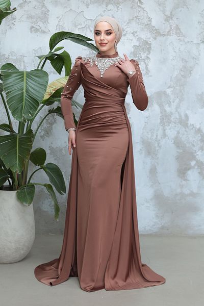 Neva Style Beaded Tan Hijab Satin Evening Dress 51312Tb
